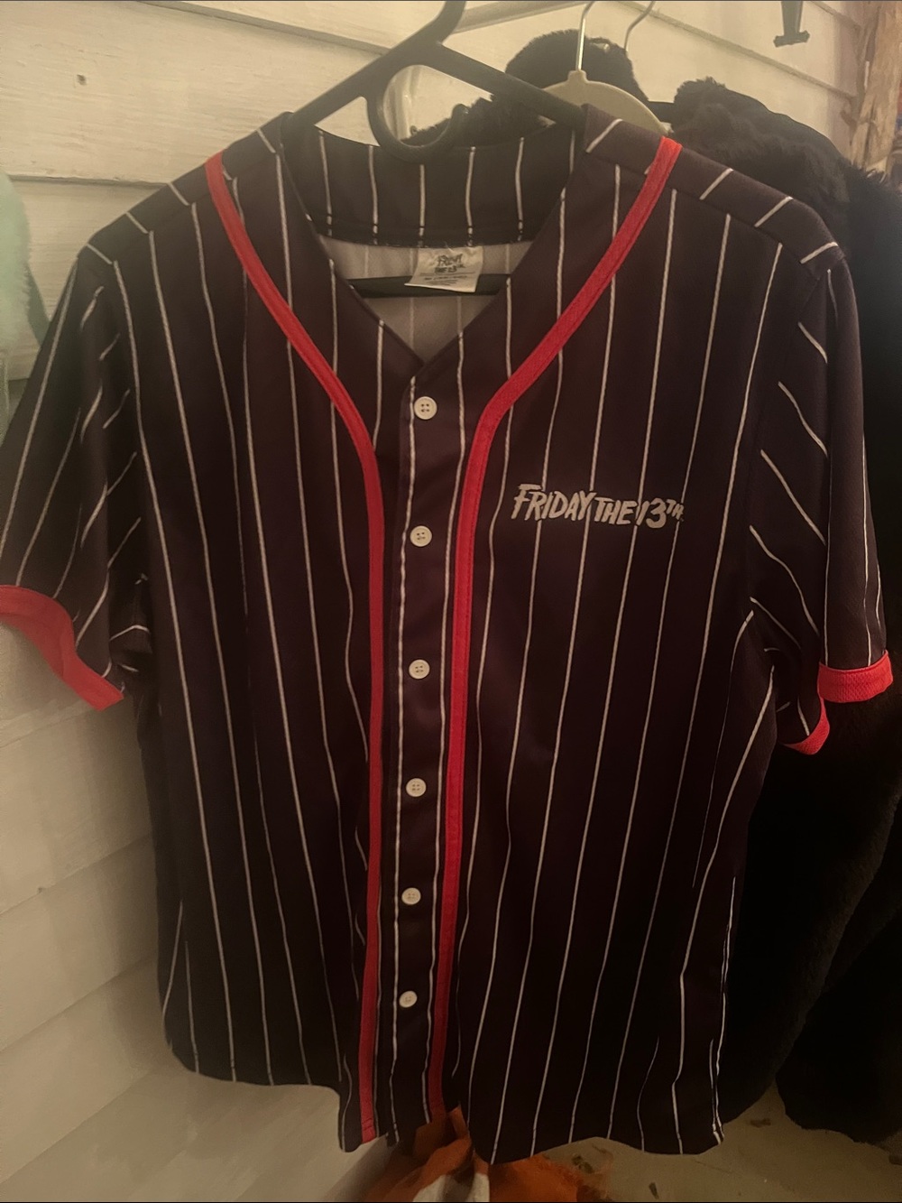 Friday the 13th Women's Black Pinstripe Baseball Jersey with Red Trim